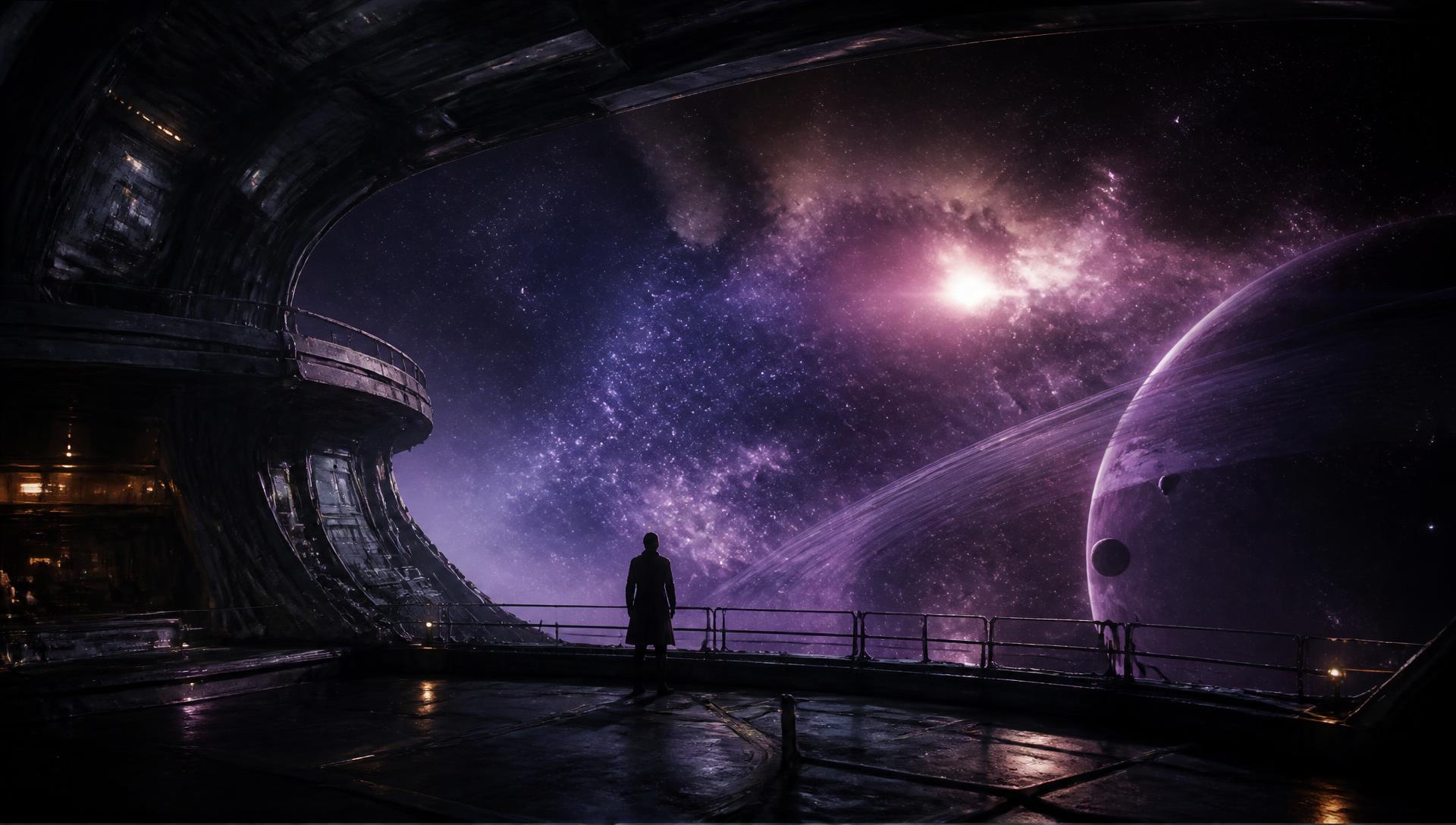 A lone figure watching a violet nebula from a space station deck